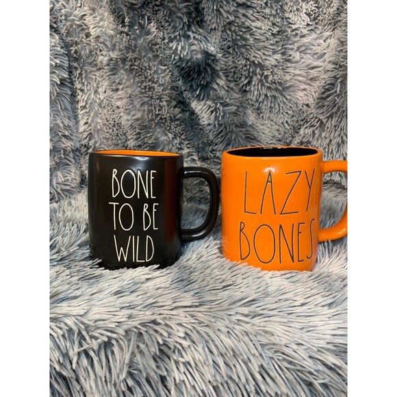 Rae Dunn Halloween Mug Set- Bone to be Wild & Lazy Bones - Picture 1 of 4